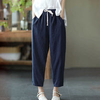 Anna - Drawstring Linen Cropped Pants Blue