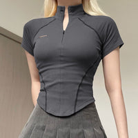 Anya - Zippered Polyester Sports Top Grey Short Sleeves