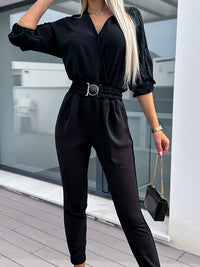 Amanda - Belted V-Neck Jumpsuit Black