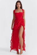 Anny - Ruffle Trim Maxi Dress Red