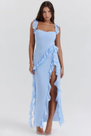 Anny - Ruffle Trim Maxi Dress Blue