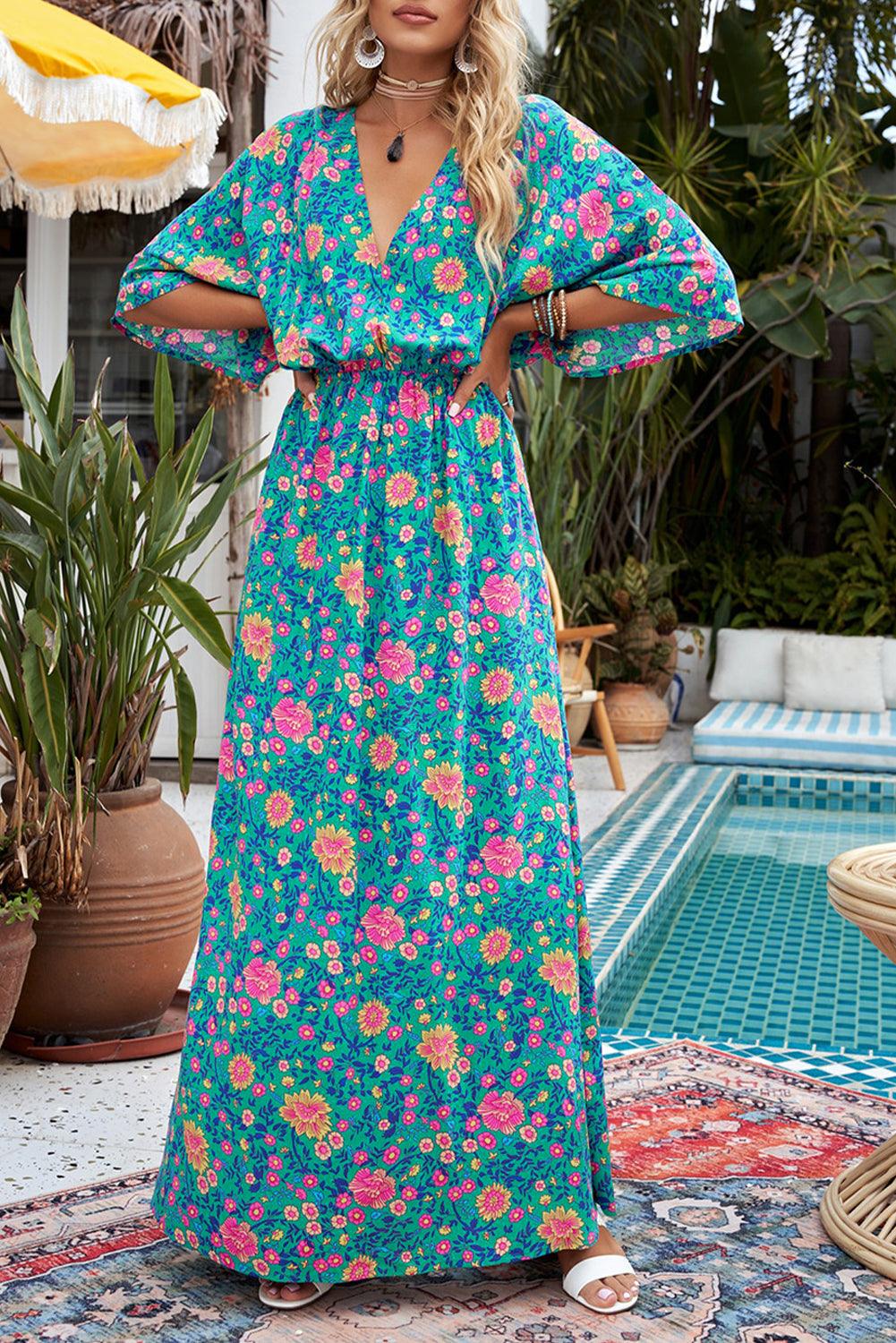 Abigail- Floral Kimono-Sleeve Maxi Dress