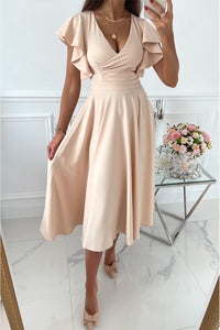 Ali - V-Neck Sleeve Midi Dress Beige