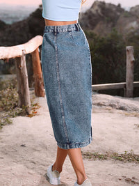 Angelie - Button Front Denim Skirt Blue Grey Back