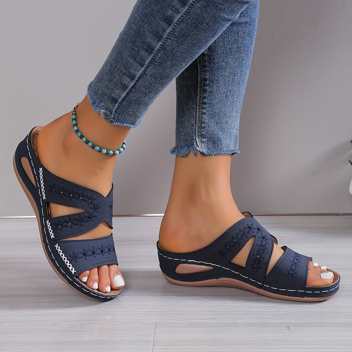 Angelica - Wedge Leather Slide Sandals Blue