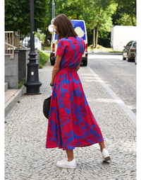 Andrea - Floral Polyester Wrap Dress Red Blue Back