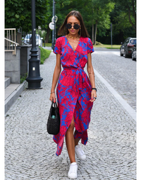 Andrea - Floral Polyester Wrap Dress Red Blue