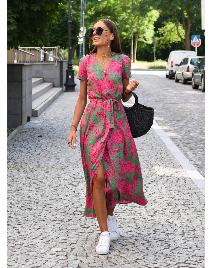 Andrea - Floral Polyester Wrap Dress Pink