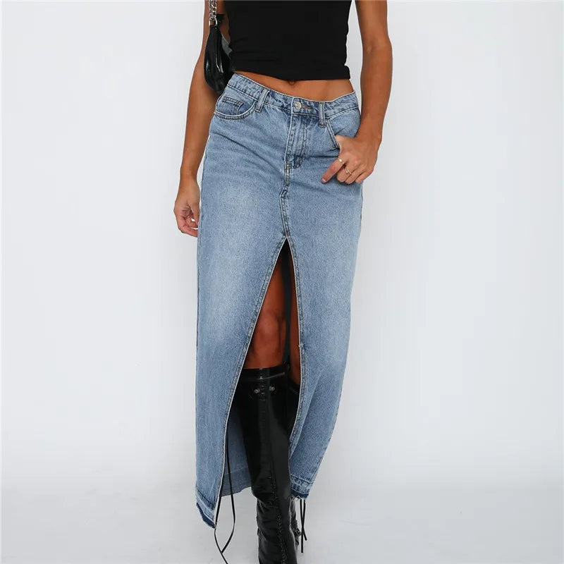 Anika - Front Slit Denim Skirt