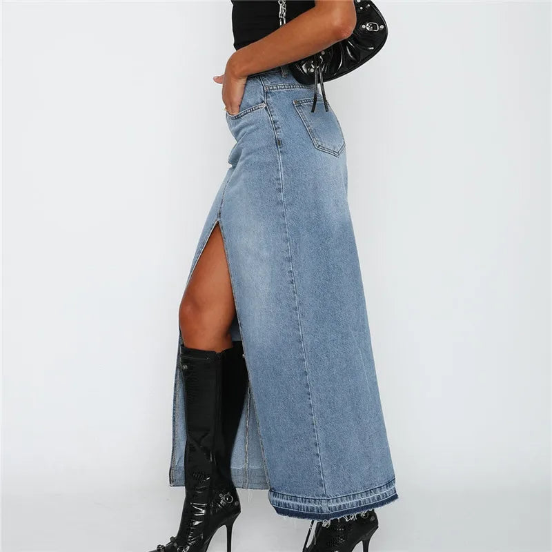 Anika - Front Slit Denim Skirt