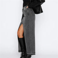 Anika - Front Slit Denim Skirt Grey