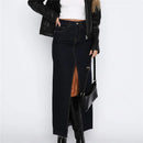 Anika - Front Slit Denim Skirt Black