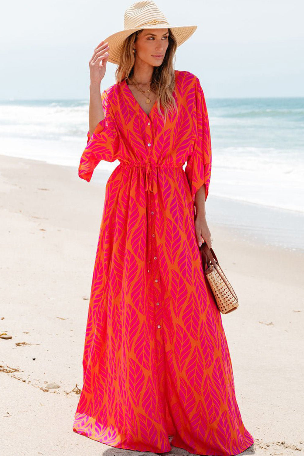 Anna - Leaf Print Beach Maxi Dress