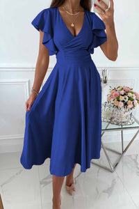 Ali - V-Neck Sleeve Midi Dress Blue