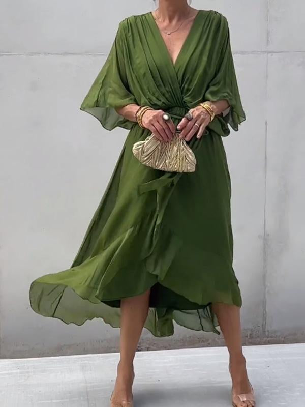 Andrea - Elegant Chiffon Wrap Dress Green