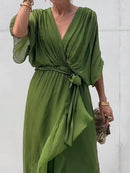 Andrea - Elegant Chiffon Wrap Dress Green